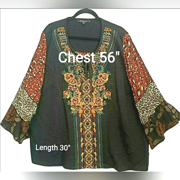 Boho 3XL Gypsy Art Embroidered Bell Tunic Top - Picture 2 of 12